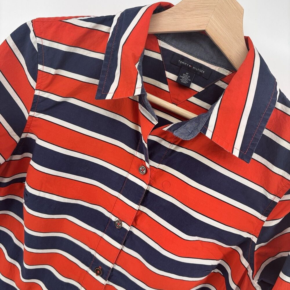 Tommy Hilfiger Women's M Red Navy White Stripe 100% Cotton Button Shirt